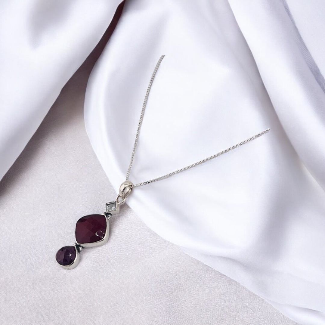 Burgundy Stone Pendant, Sterling Silver Necklace,  Linked Square and Teardrop Design, Holiday and Birthday Gift