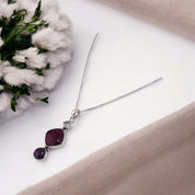 Burgundy Stone Pendant, Sterling Silver Necklace,  Linked Square and Teardrop Design, Holiday and Birthday Gift