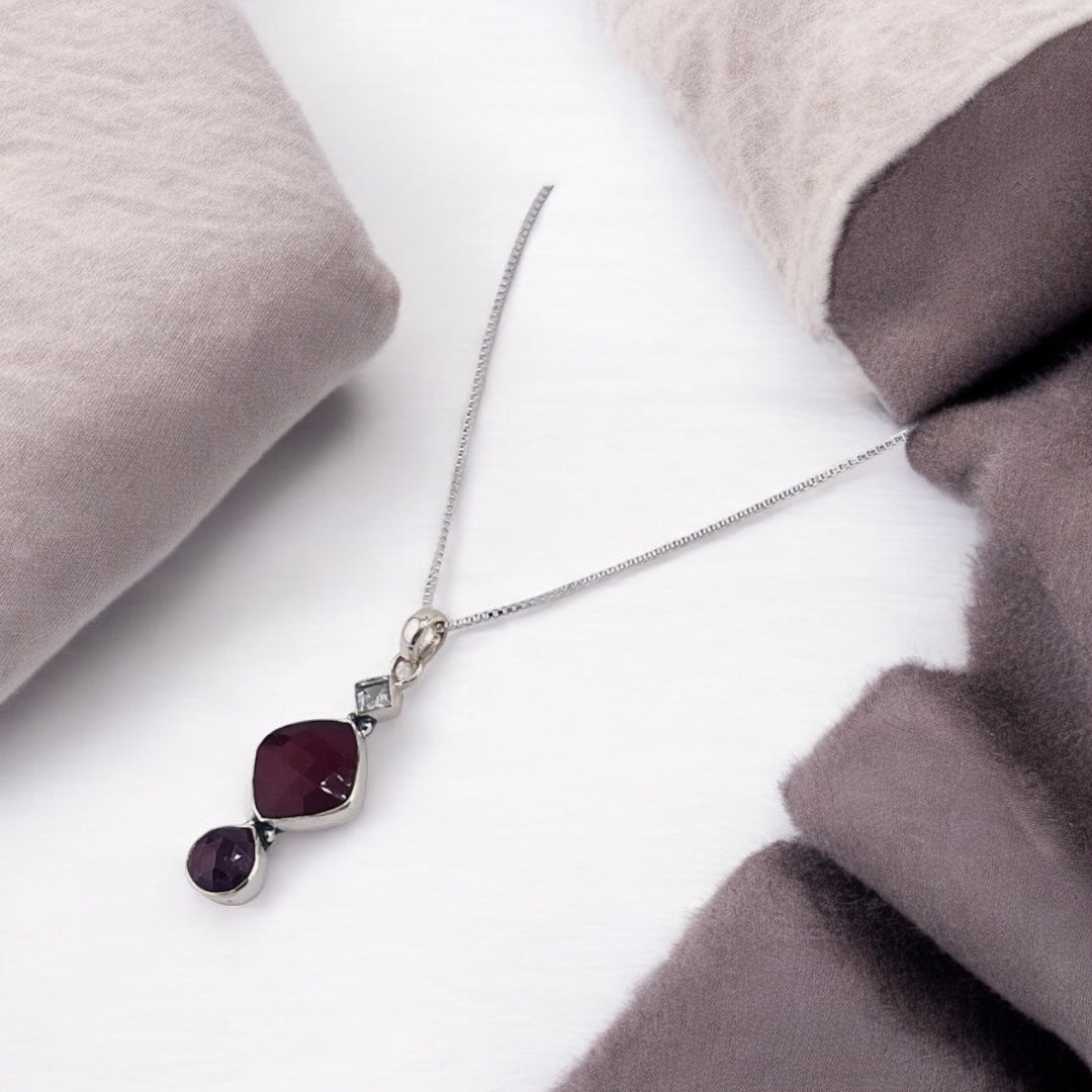 Burgundy Stone Pendant, Sterling Silver Necklace,  Linked Square and Teardrop Design, Holiday and Birthday Gift