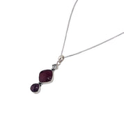 Burgundy Stone Pendant, Sterling Silver Necklace,  Linked Square and Teardrop Design, Holiday and Birthday Gift