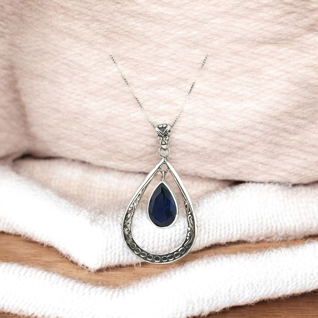 Sterling Silver, Blue Zirconia, Teardrop Pendant,  Suspended Blue Zirconia Necklace,  Intricate Gift