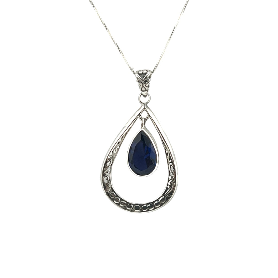 Sterling Silver, Blue Zirconia, Teardrop Pendant,  Suspended Blue Zirconia Necklace,  Intricate Gift