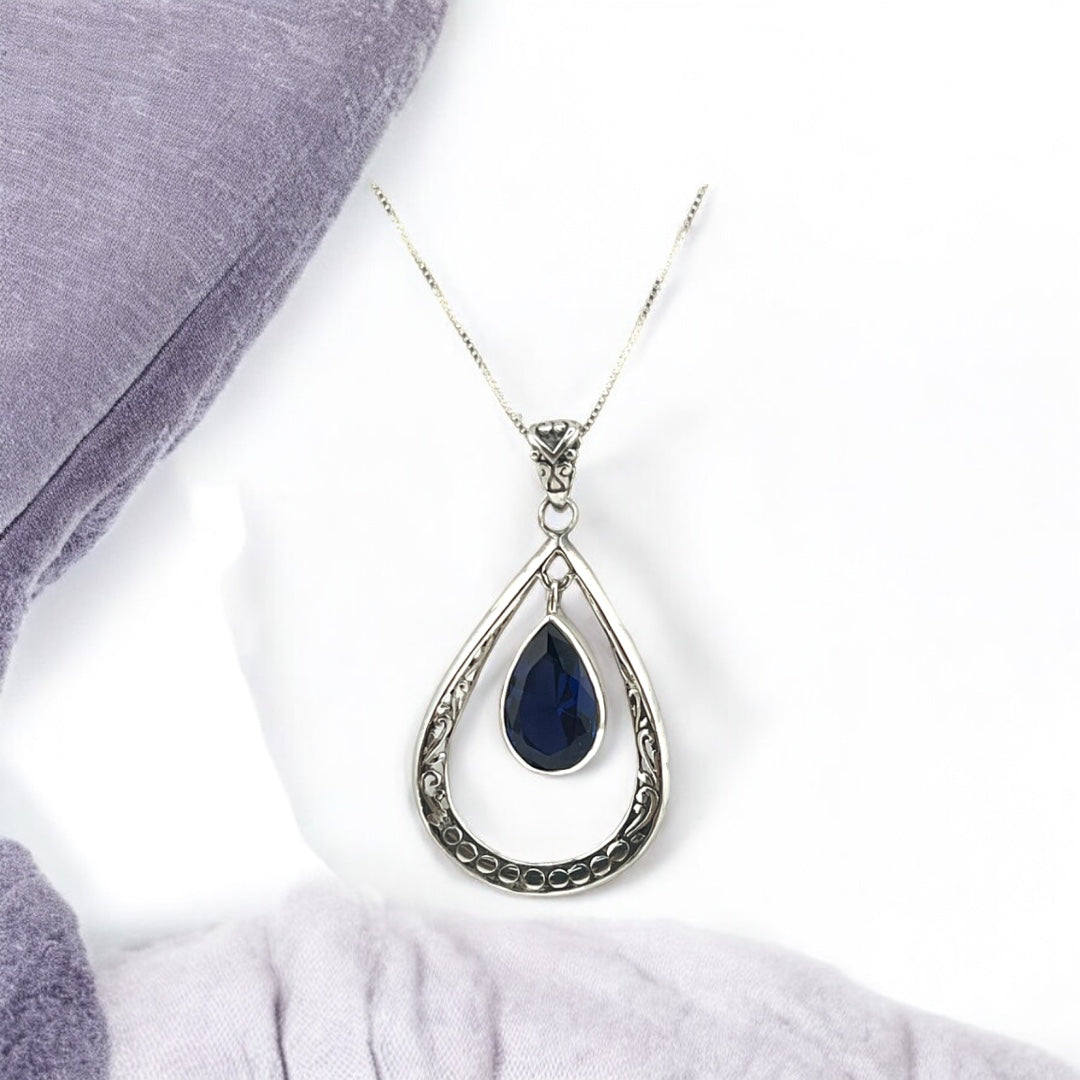 Sterling Silver, Blue Zirconia, Teardrop Pendant,  Suspended Blue Zirconia Necklace,  Intricate Gift