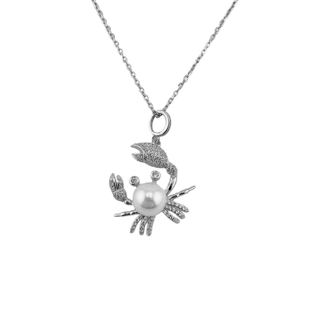 Radiant Pearl Elegance Crab Pendant Necklace, Sterling Silver with Zirconia and Freshwater Pearl