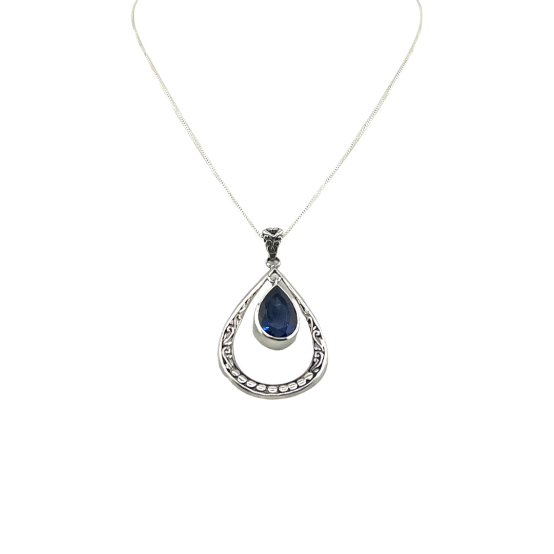 Sterling Silver, Blue Zirconia, Teardrop Pendant,  Suspended Blue Zirconia Necklace,  Intricate Gift