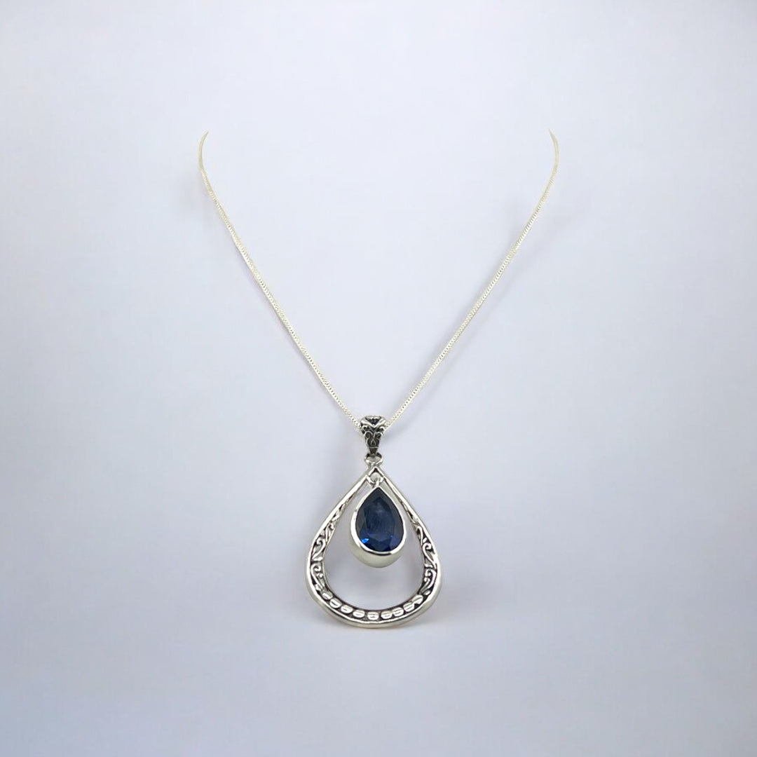 Sterling Silver, Blue Zirconia, Teardrop Pendant,  Suspended Blue Zirconia Necklace,  Intricate Gift