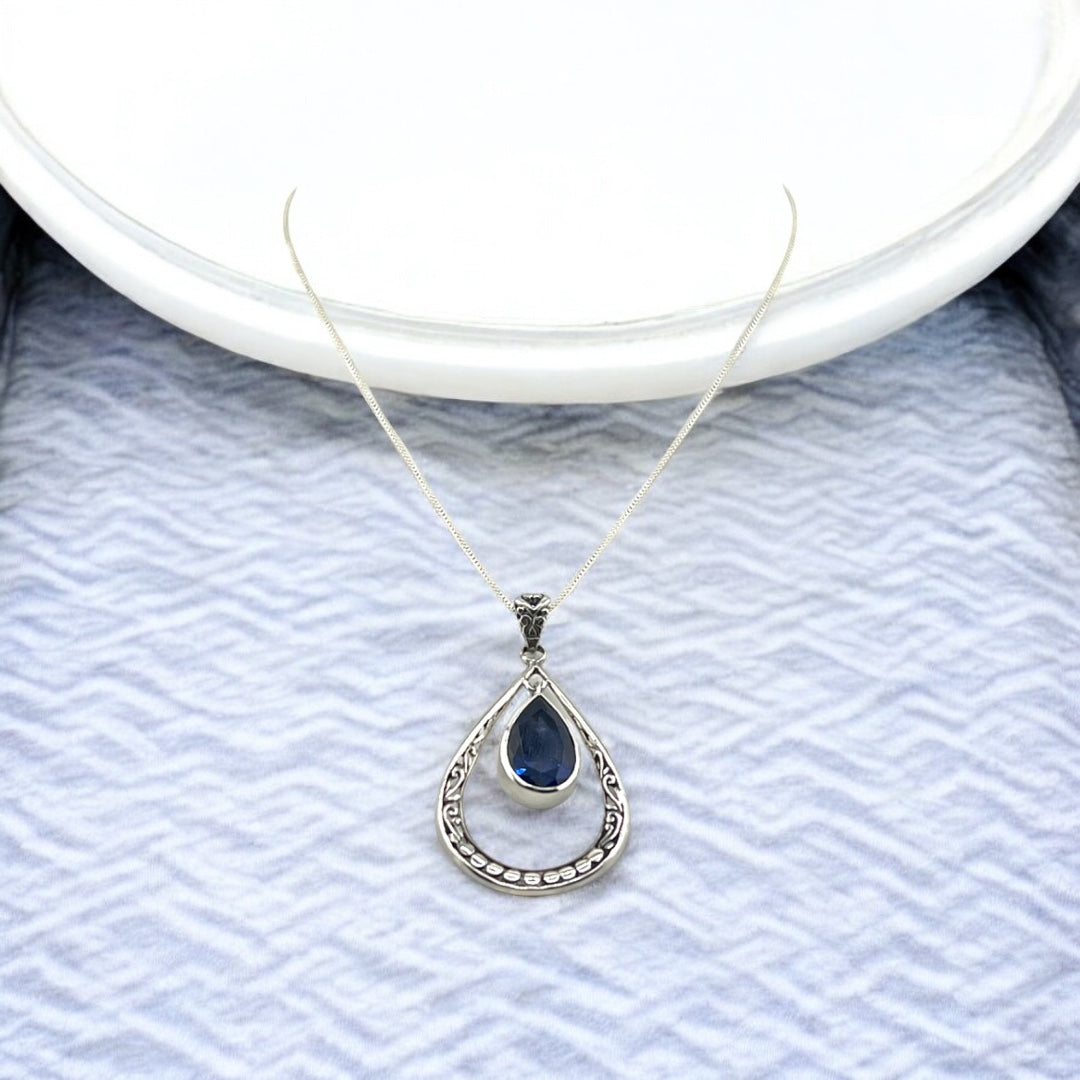 Sterling Silver, Blue Zirconia, Teardrop Pendant,  Suspended Blue Zirconia Necklace,  Intricate Gift