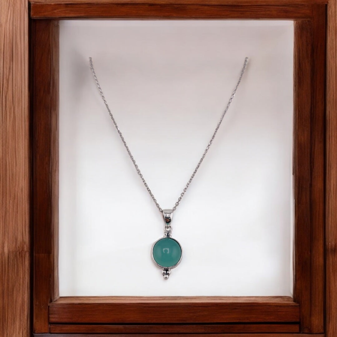 Green Round Pendant Necklace, Sterling Silver Chain, Perfect Gift for Her