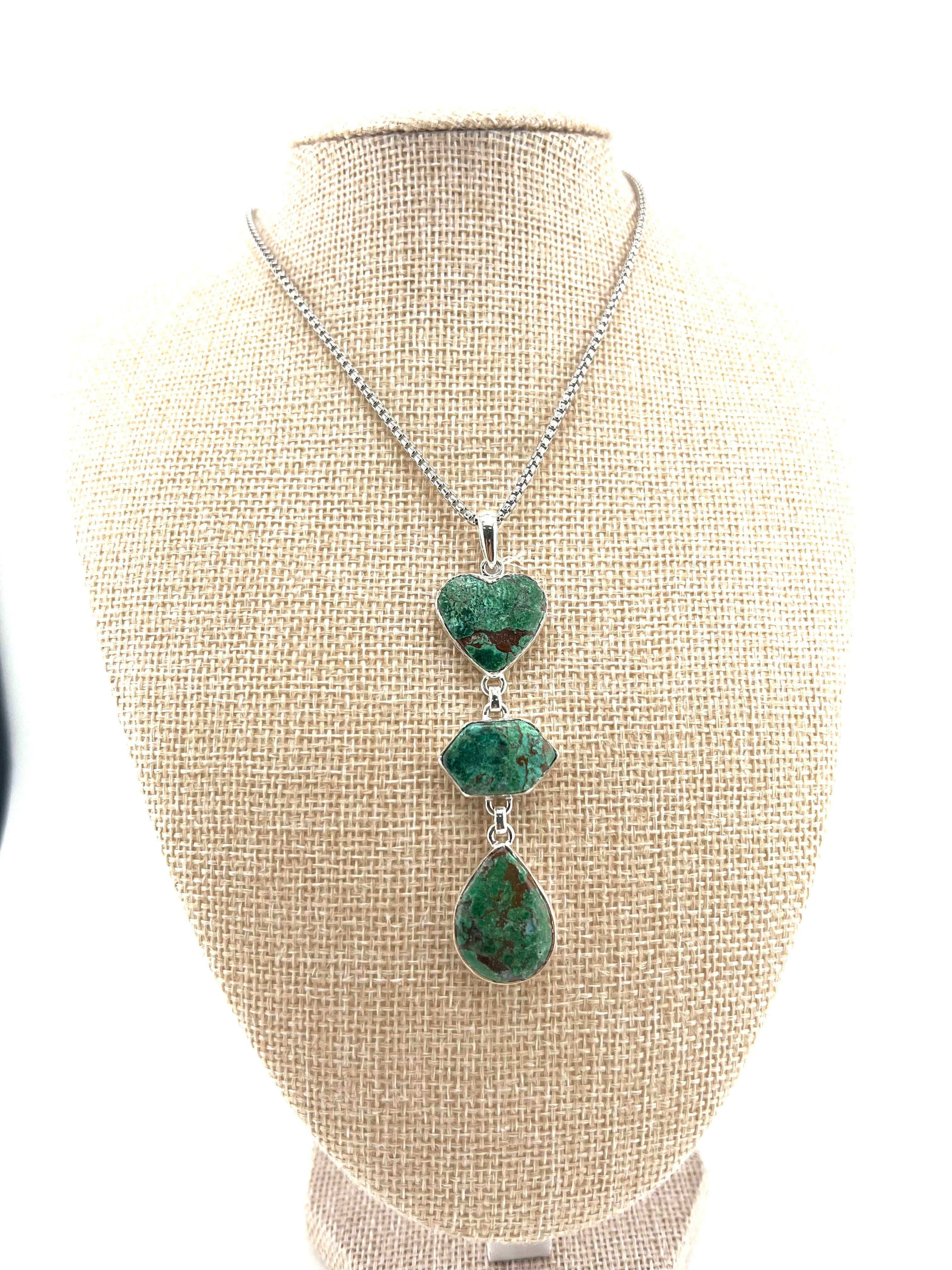 Sterling Silver Necklace, Natural Stone, Triple Linked Pendant, Heart, Marquise, and Teardrop Design