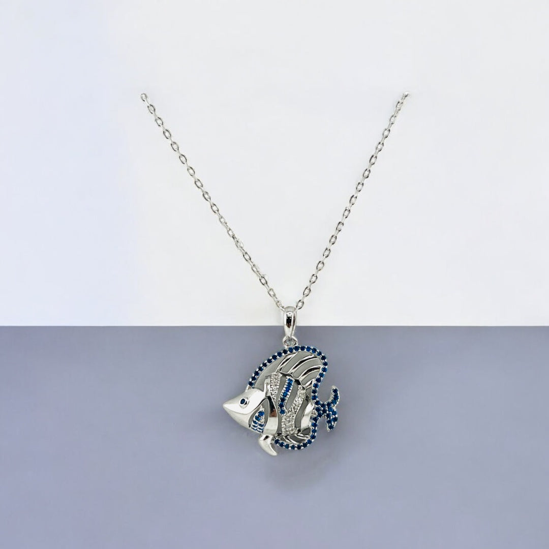 Sterling Silver, Necklace, Sparkling Fish Pendant, Blue Zirconia Stone, Perfect Gift