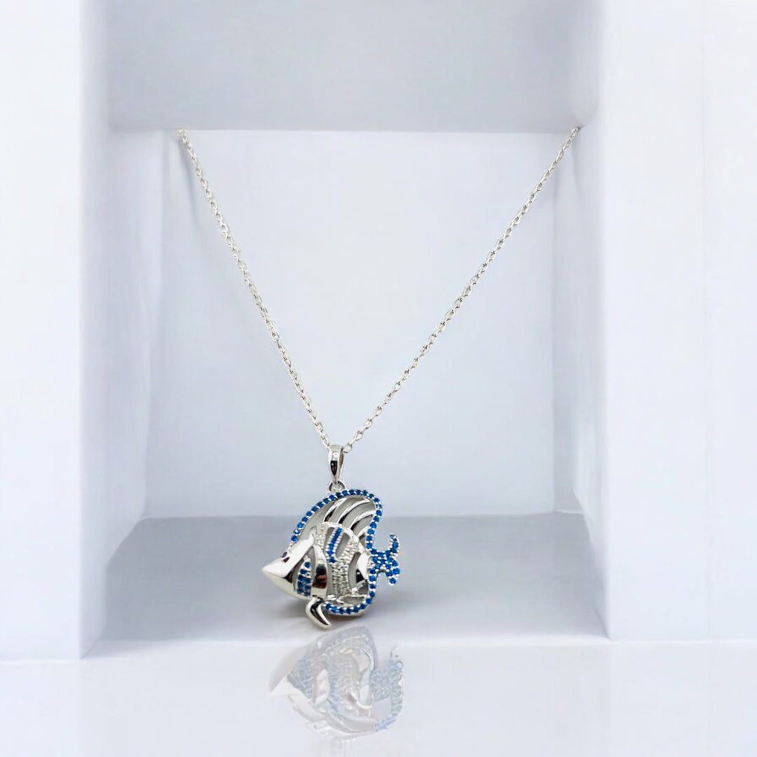 Sterling Silver, Necklace, Sparkling Fish Pendant, Blue Zirconia Stone, Perfect Gift