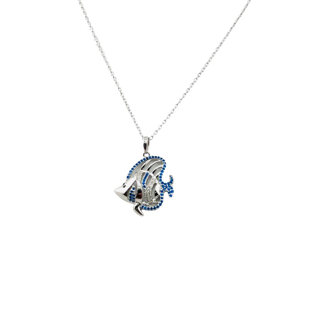 Sterling Silver, Necklace, Sparkling Fish Pendant, Blue Zirconia Stone, Perfect Gift