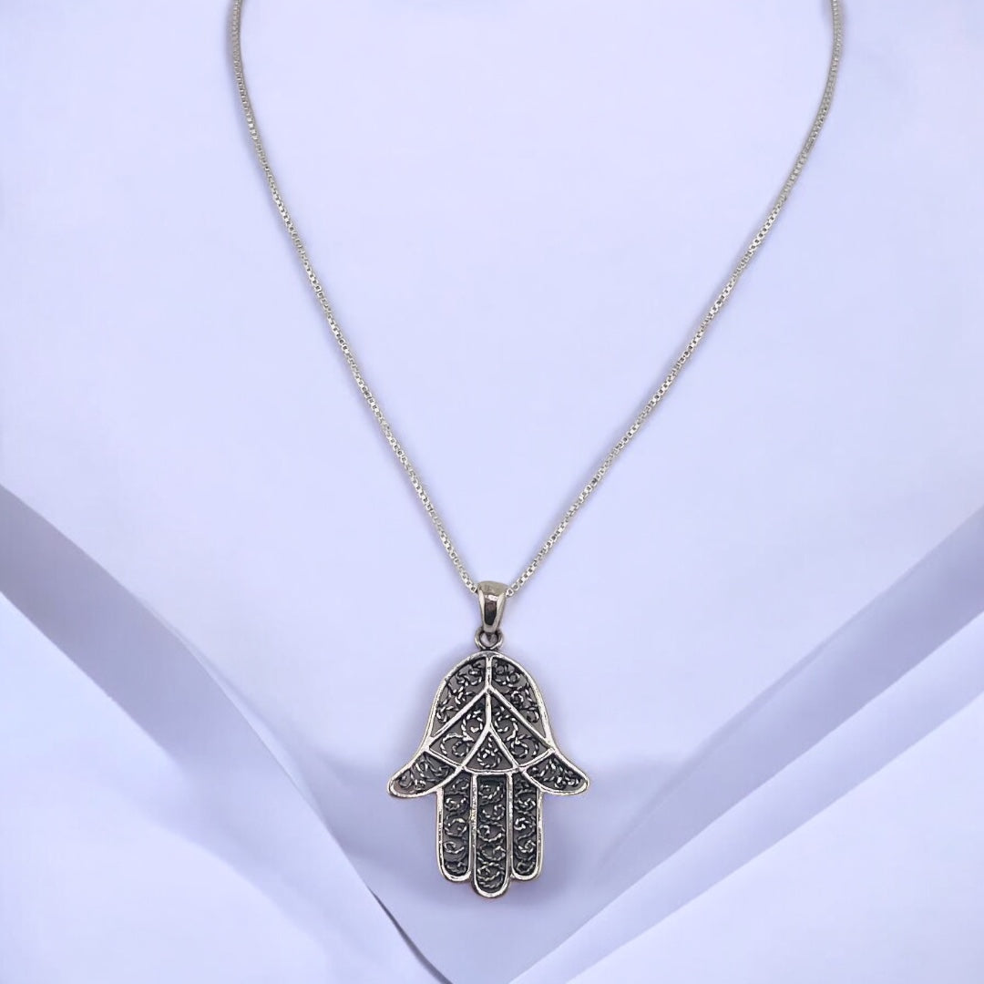 Sterling Silver Hamsa Necklace, Two-Tone Silver Hamsa Pendant, Swirly Back Design, Spiritual Protection Jewelry, Unique Gift for Her