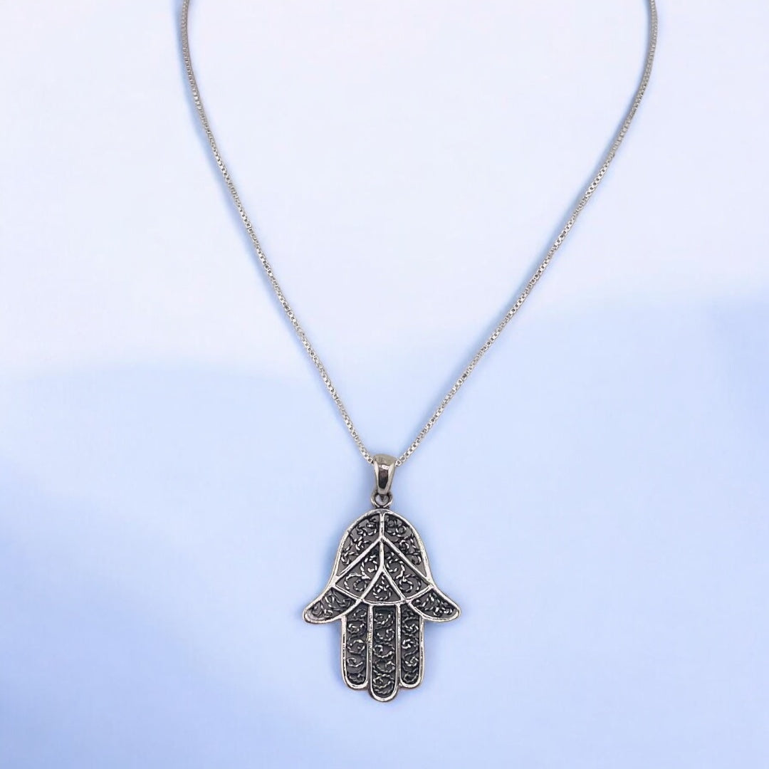 Sterling Silver Hamsa Necklace, Two-Tone Silver Hamsa Pendant, Swirly Back Design, Spiritual Protection Jewelry, Unique Gift for Her