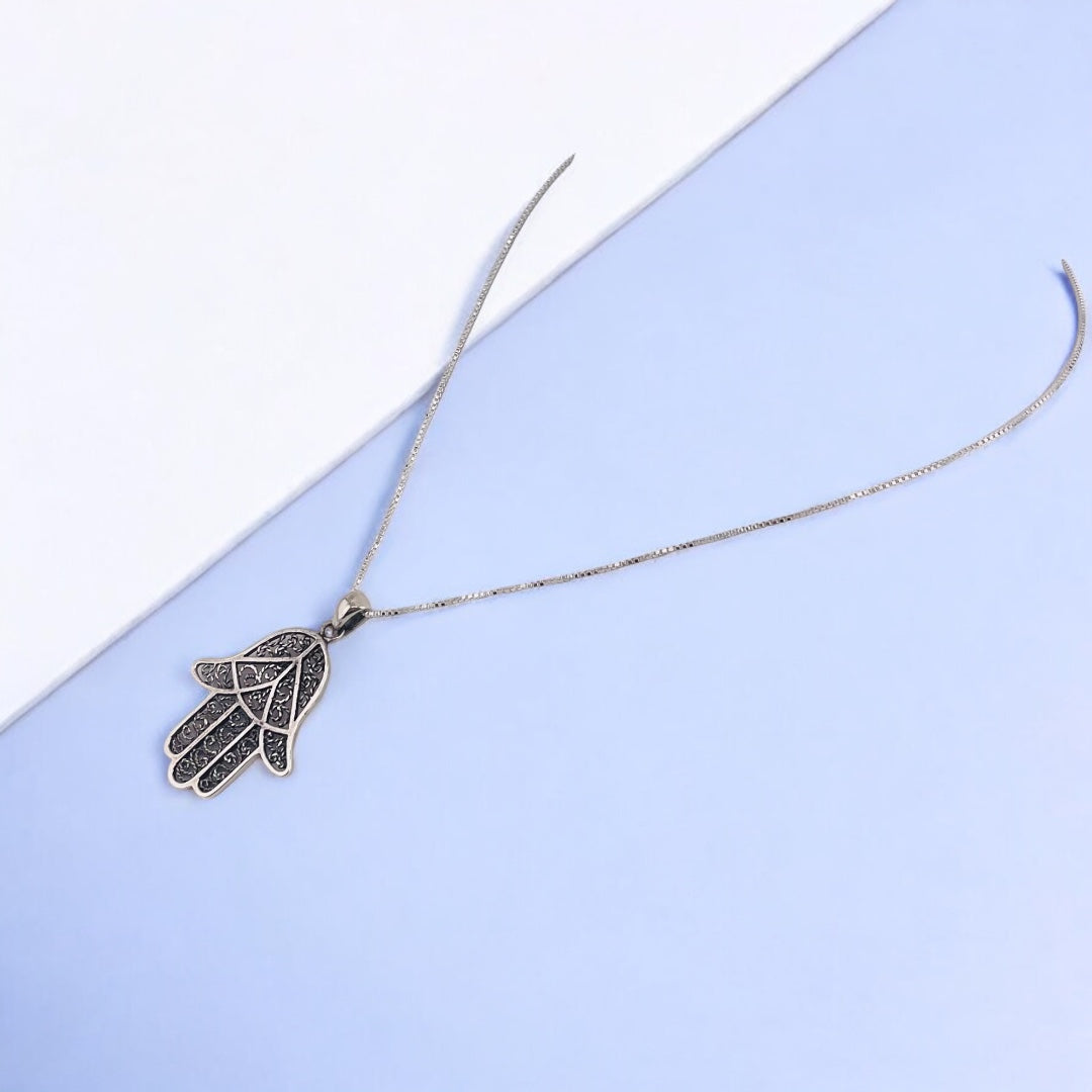 Sterling Silver Hamsa Necklace, Two-Tone Silver Hamsa Pendant, Swirly Back Design, Spiritual Protection Jewelry, Unique Gift for Her