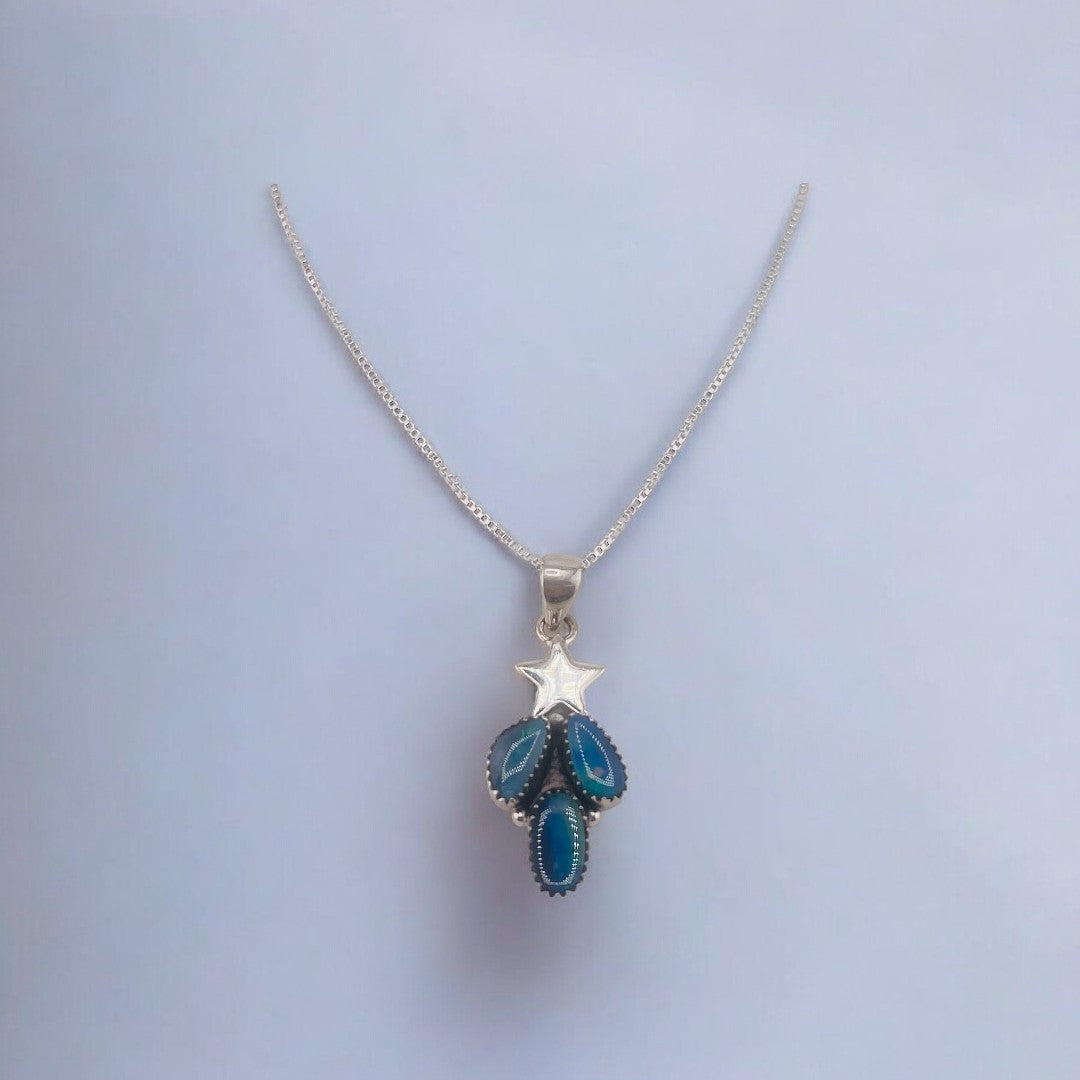 Sterling Silver Star and Leaf Pendant Necklace, Blue-Green Shimmering Stones, Unique Jewelry Gift for Her, Elegant Sterling Silver Necklace