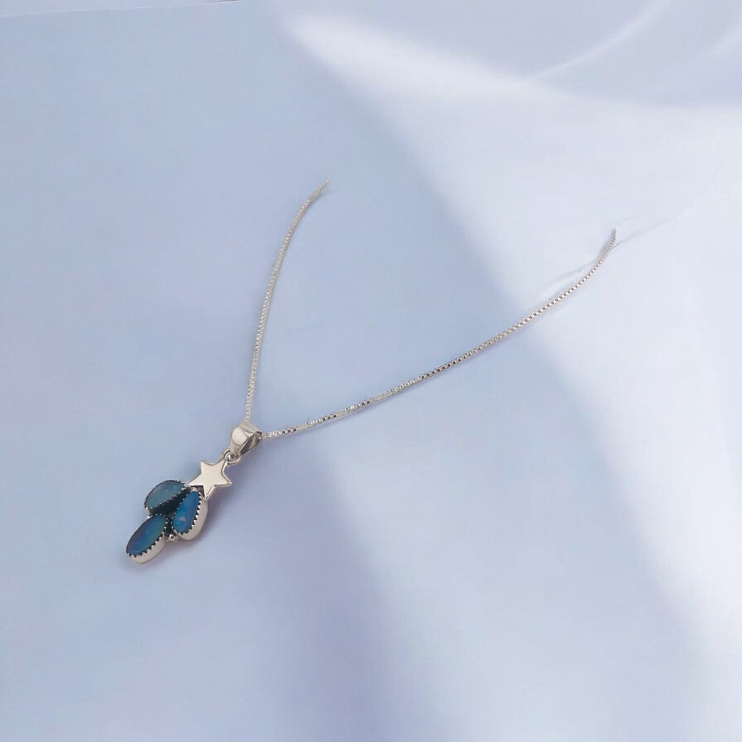 Sterling Silver Star and Leaf Pendant Necklace, Blue-Green Shimmering Stones, Unique Jewelry Gift for Her, Elegant Sterling Silver Necklace