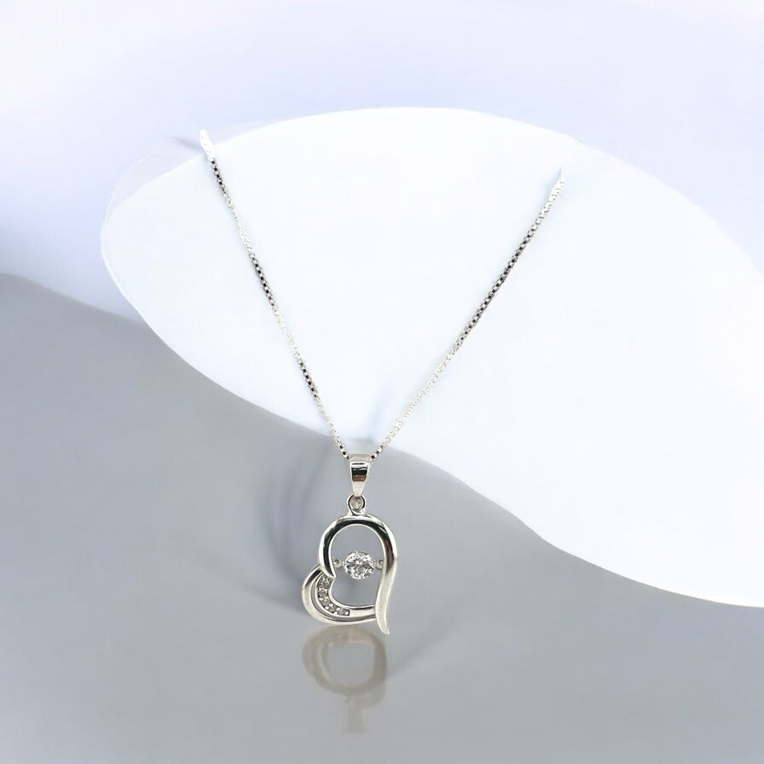 Sterling Silver Lovers' Gift Necklace with Heart Pendant and Center Zirconia Stone