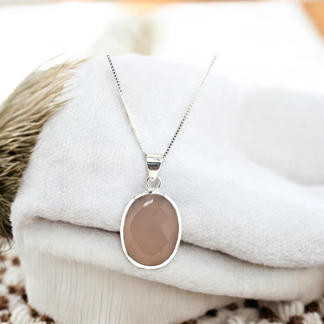 Sterling Silver, Natural Gemstone, Soft Pink, Oval, Pendant, Necklace