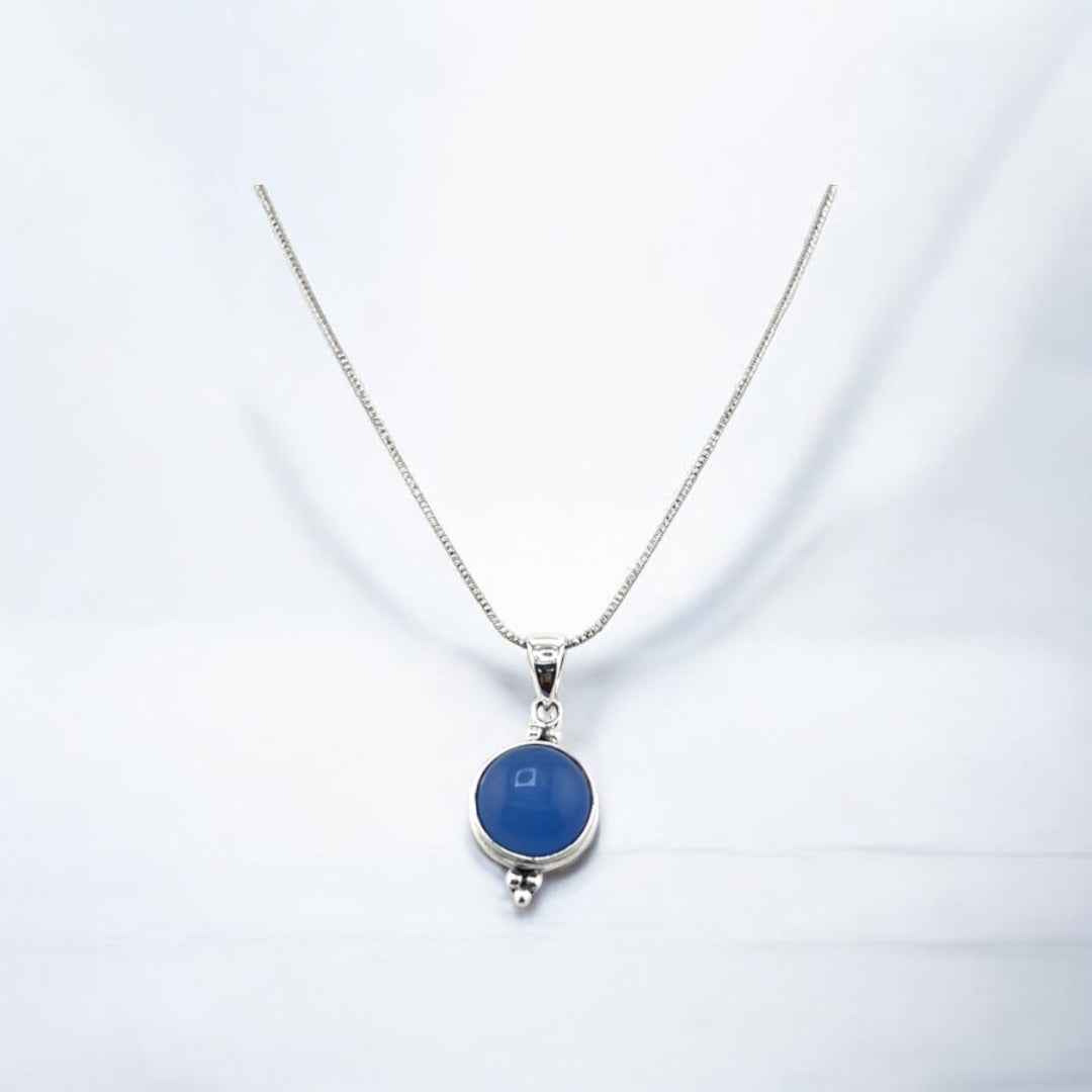 Sterling Silver, Natural Gemstone, Round Blue Stone, Pendant, Necklace