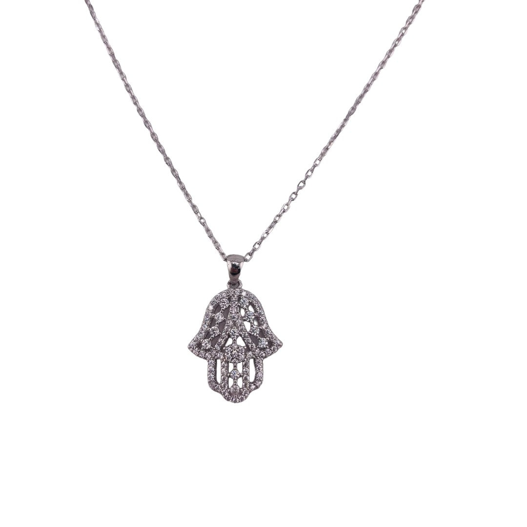 Sterling Silver, Hamsa Pendant Necklace, Stunning Spiritual Protection Gift, Jewelry Zirconia Stones