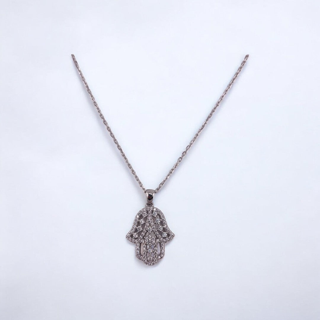 Sterling Silver, Hamsa Pendant Necklace, Stunning Spiritual Protection Gift, Jewelry Zirconia Stones