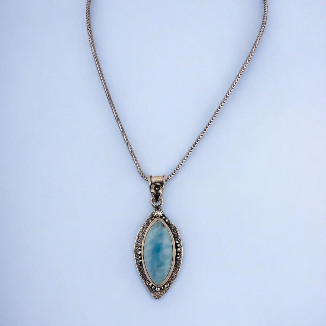 Large Larimar Gemstone, Sterling Silver Pendant, Antique Style Necklace, Vintage Inspired Design, Unique Gift