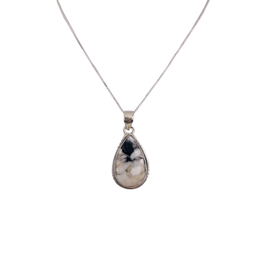 Natural Stone Pendant, Sterling Silver, Teardrop Cut, Black, Brown, White Tones