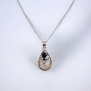 Natural Stone Pendant, Sterling Silver, Teardrop Cut, Black, Brown, White Tones