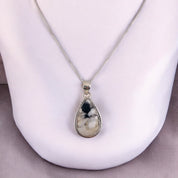 Natural Stone Pendant, Sterling Silver, Teardrop Cut, Black, Brown, White Tones