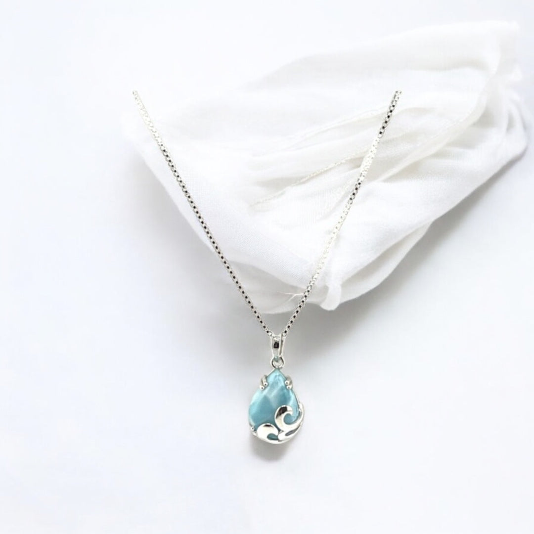 Sterling Silver, Larimar, Teardrop Stone, Pendant, Necklace - Celestial Waves