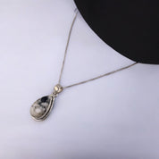 Natural Stone Pendant, Sterling Silver, Teardrop Cut, Black, Brown, White Tones