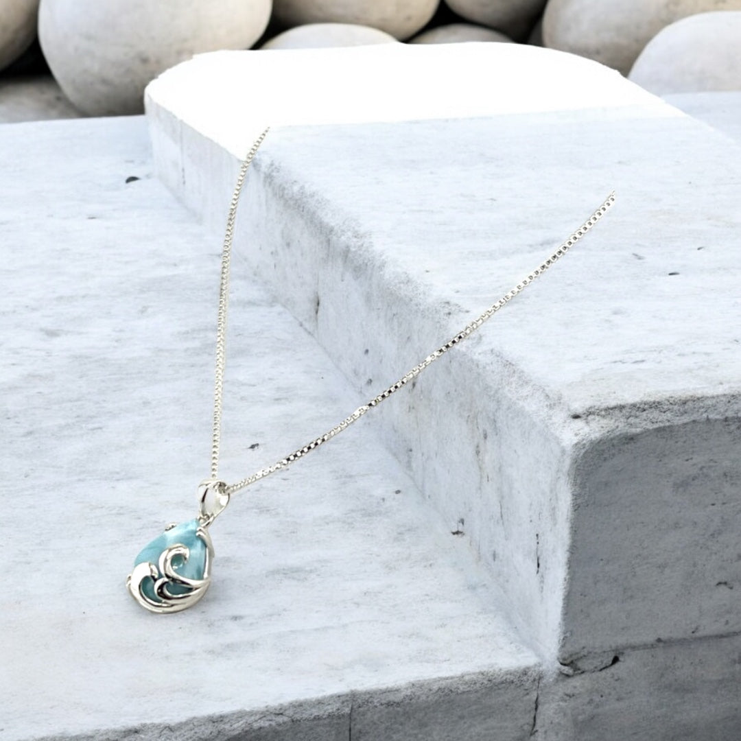 Sterling Silver, Larimar, Teardrop Stone, Pendant, Necklace - Celestial Waves