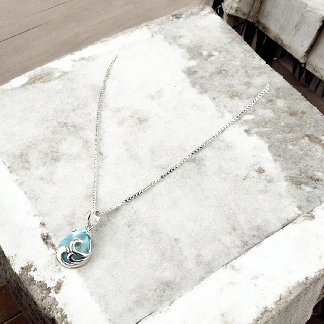 Sterling Silver, Larimar, Teardrop Stone, Pendant, Necklace - Celestial Waves