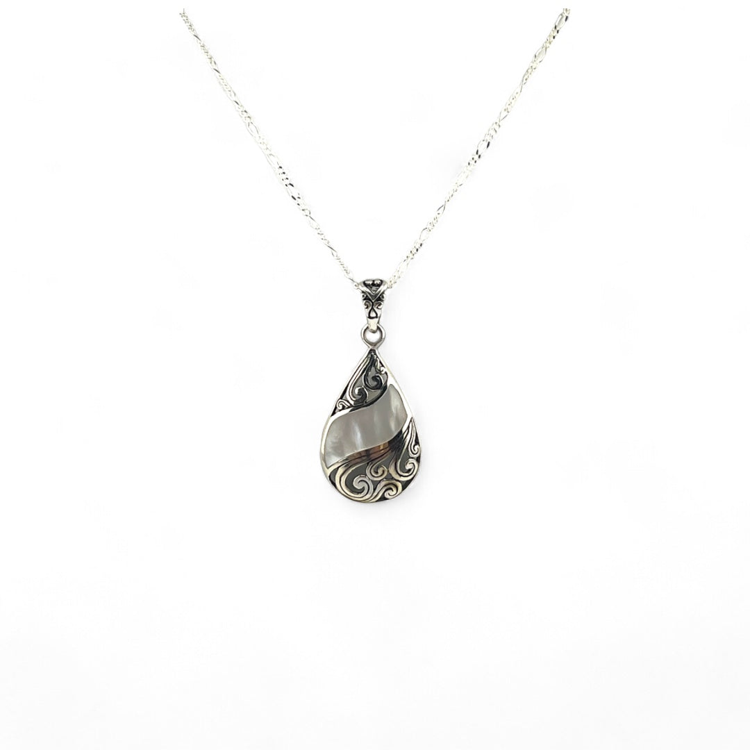 Sterling Silver, Mother of Pearl, Teardrop, Geometric Design, Pendant, Necklace