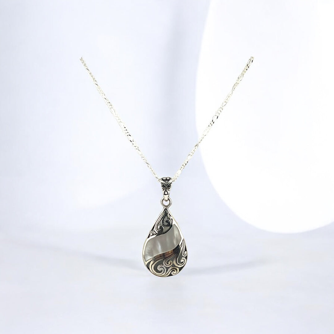 Sterling Silver, Mother of Pearl, Teardrop, Geometric Design, Pendant, Necklace