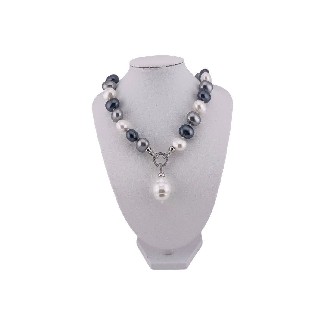 Mixed Color Pearl Necklace, Zirconia Clasp, Silver Finish, Large Pearl Pendant