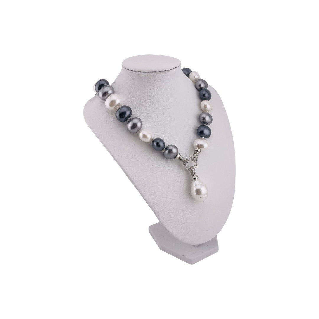 Mixed Color Pearl Necklace, Zirconia Clasp, Silver Finish, Large Pearl Pendant