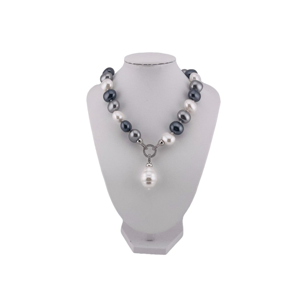 Mixed Color Pearl Necklace, Zirconia Clasp, Silver Finish, Large Pearl Pendant