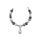 Mixed Color Pearl Necklace, Zirconia Clasp, Silver Finish, Large Pearl Pendant