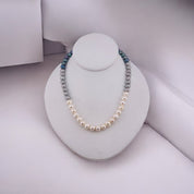 Freshwater White, Silver Grey, Peacock Blue Pearl Necklace, Hand-Knotted Silk, Sterling Silver Clasp