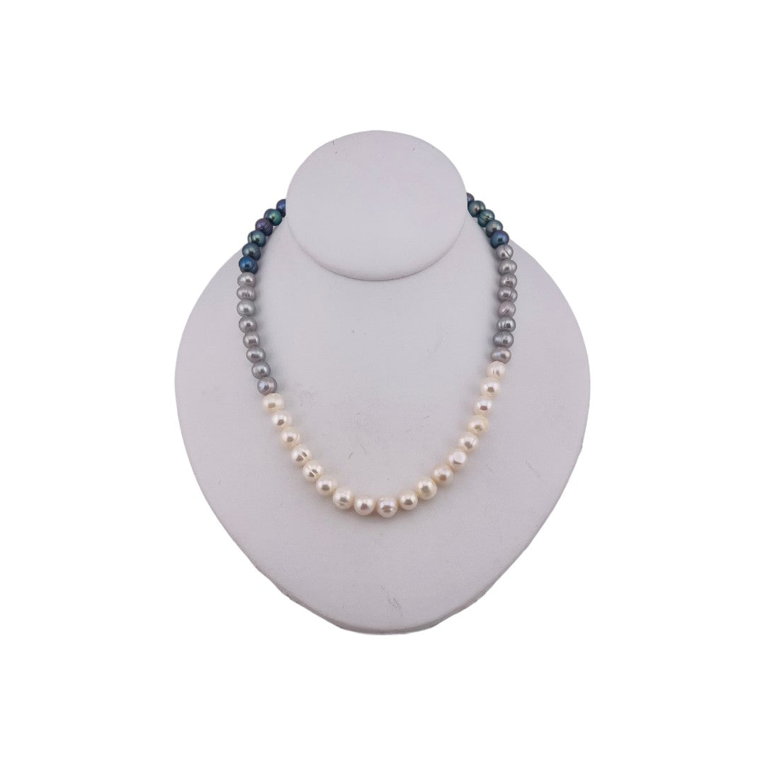 Freshwater White, Silver Grey, Peacock Blue Pearl Necklace, Hand-Knotted Silk, Sterling Silver Clasp