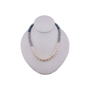Freshwater White, Silver Grey, Peacock Blue Pearl Necklace, Hand-Knotted Silk, Sterling Silver Clasp