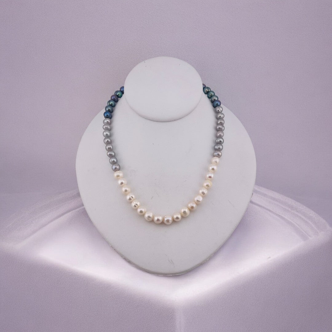 Freshwater White, Silver Grey, Peacock Blue Pearl Necklace, Hand-Knotted Silk, Sterling Silver Clasp