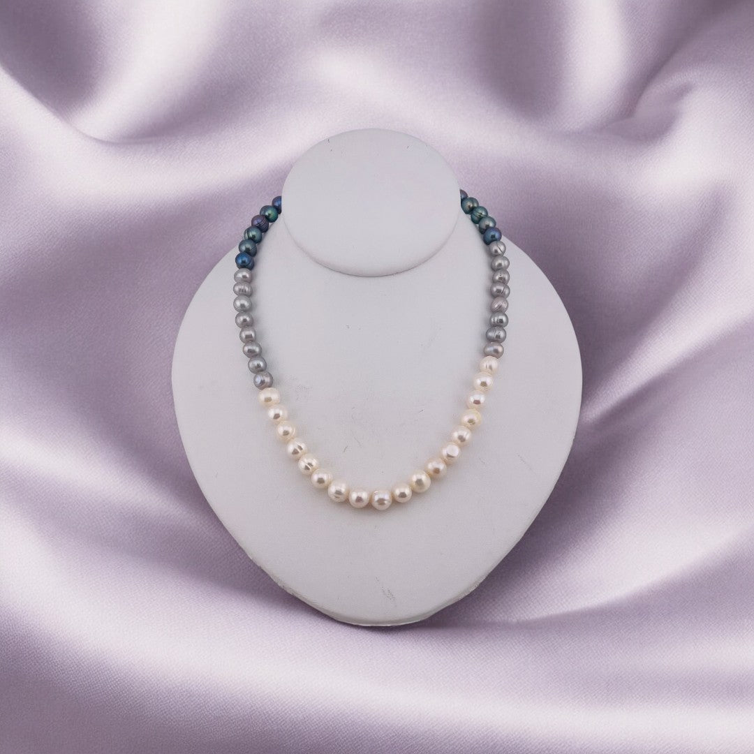 Freshwater White, Silver Grey, Peacock Blue Pearl Necklace, Hand-Knotted Silk, Sterling Silver Clasp