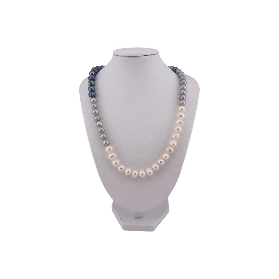 Freshwater White, Silver Grey, Peacock Blue Pearl Necklace, Hand-Knotted Silk, Sterling Silver Clasp