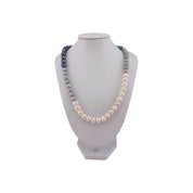 Freshwater White, Silver Grey, Peacock Blue Pearl Necklace, Hand-Knotted Silk, Sterling Silver Clasp