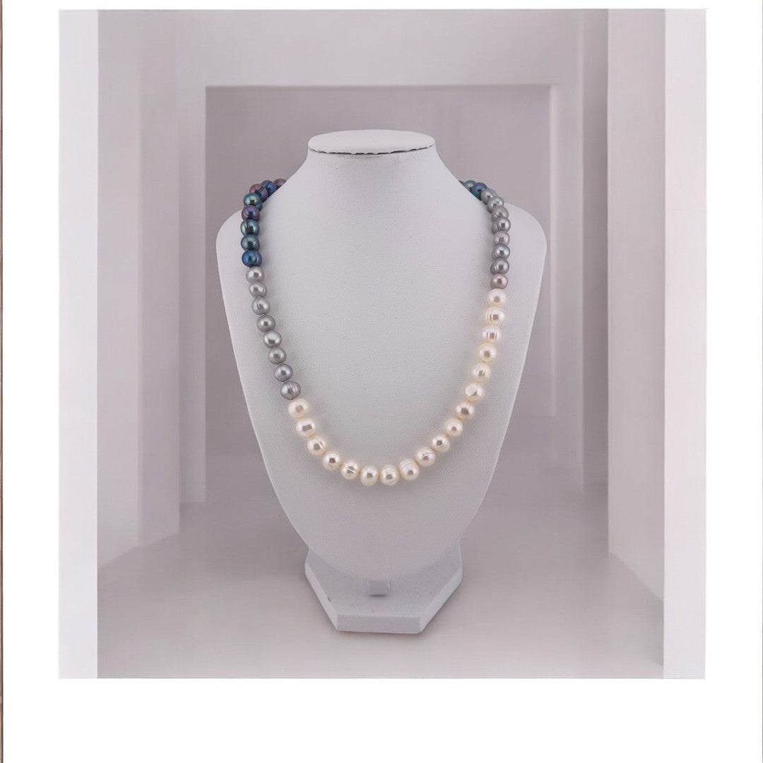 Freshwater White, Silver Grey, Peacock Blue Pearl Necklace, Hand-Knotted Silk, Sterling Silver Clasp