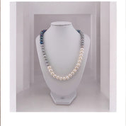 Freshwater White, Silver Grey, Peacock Blue Pearl Necklace, Hand-Knotted Silk, Sterling Silver Clasp