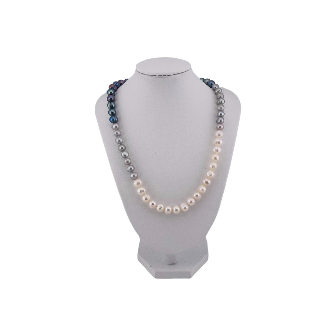 Freshwater White, Silver Grey, Peacock Blue Pearl Necklace, Hand-Knotted Silk, Sterling Silver Clasp